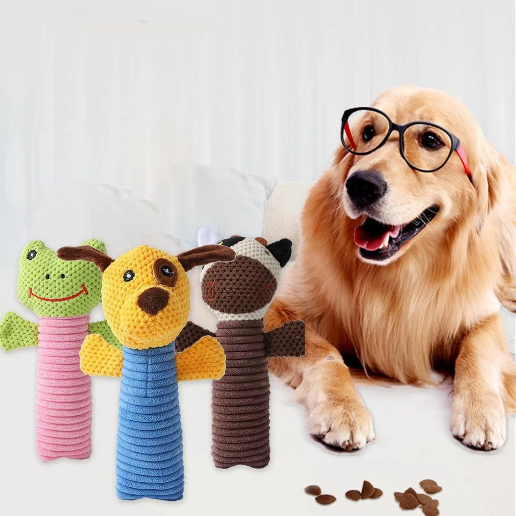 Squeaky dog chew toys in calf, frog and puppy shapes with dental cleaning features