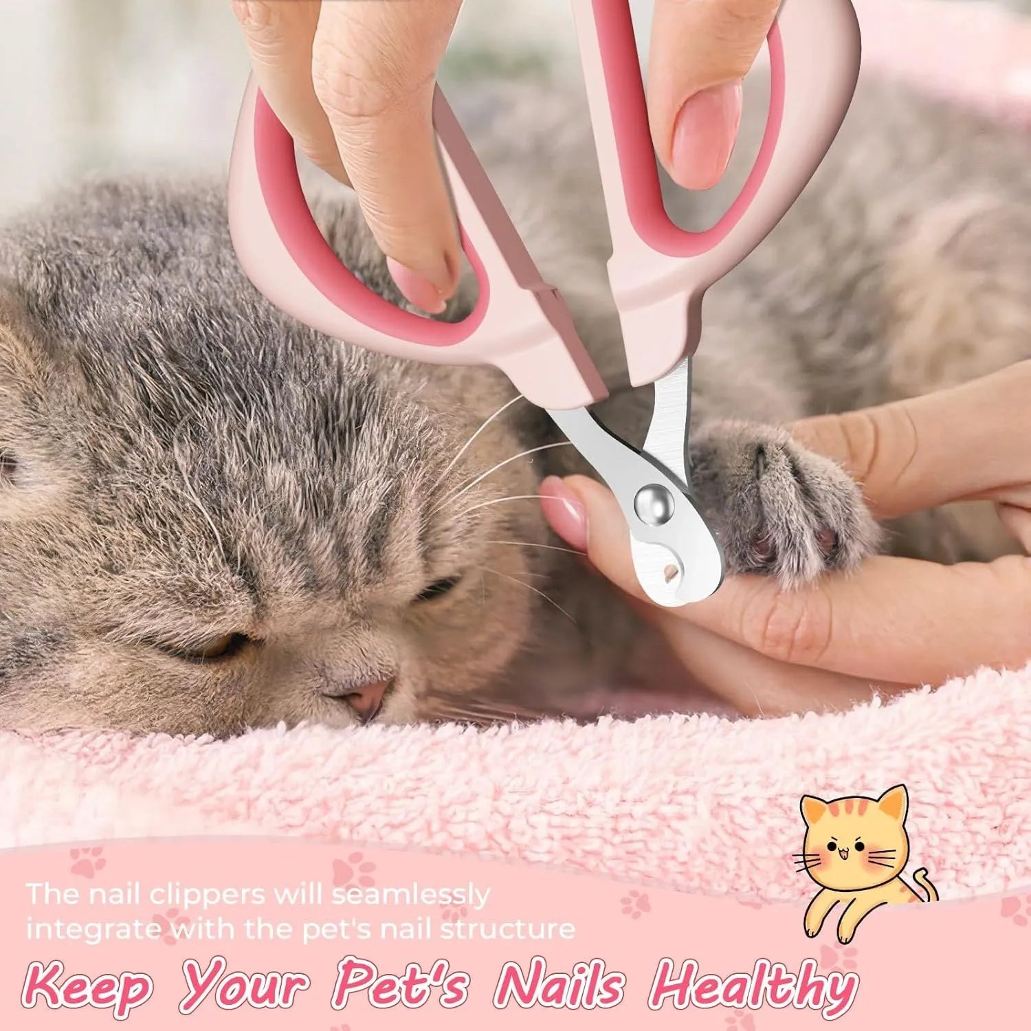 Blue cat nail clipper with a round safety positioning hole and a non-slip ergonomic handle.