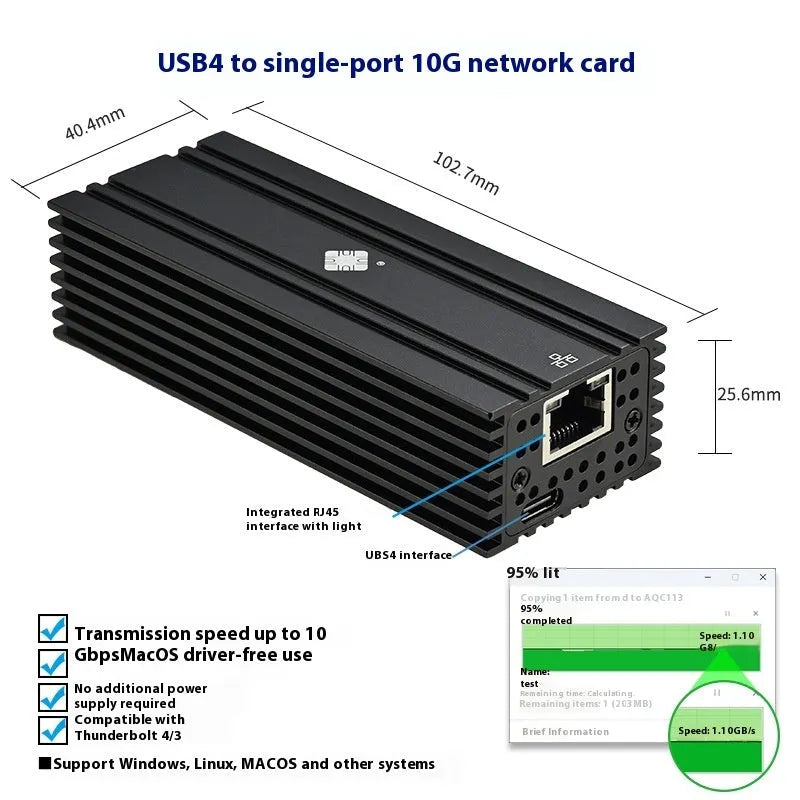 Black Leyu USB4 10 Gigabit network adapter with RJ45 port and short cable
