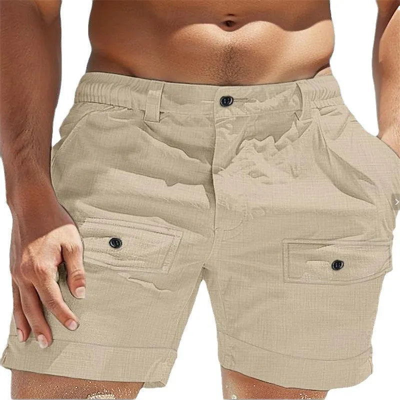 Men's straight-leg linen shorts with an elastic waist and button tabs in white colour.