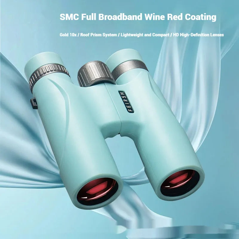 Blue or grey coloured 10x32 plastic binoculars with 32mm objective lenses.