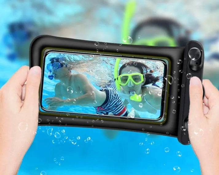 Orange waterproof phone pouch with double airbag design and a black neck rope.