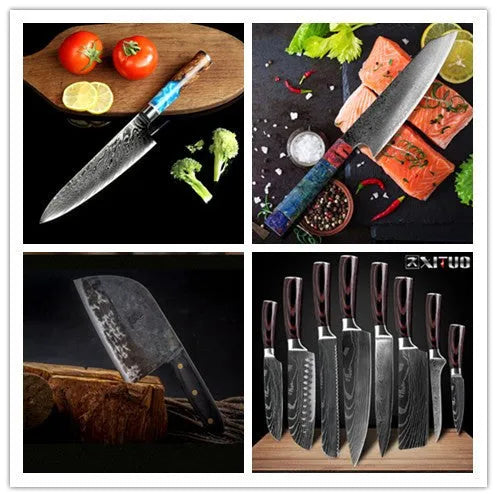 8-piece kitchen knife set showing chef knife, bread knife, boning knife, and fruit peel knife with varied blade sizes