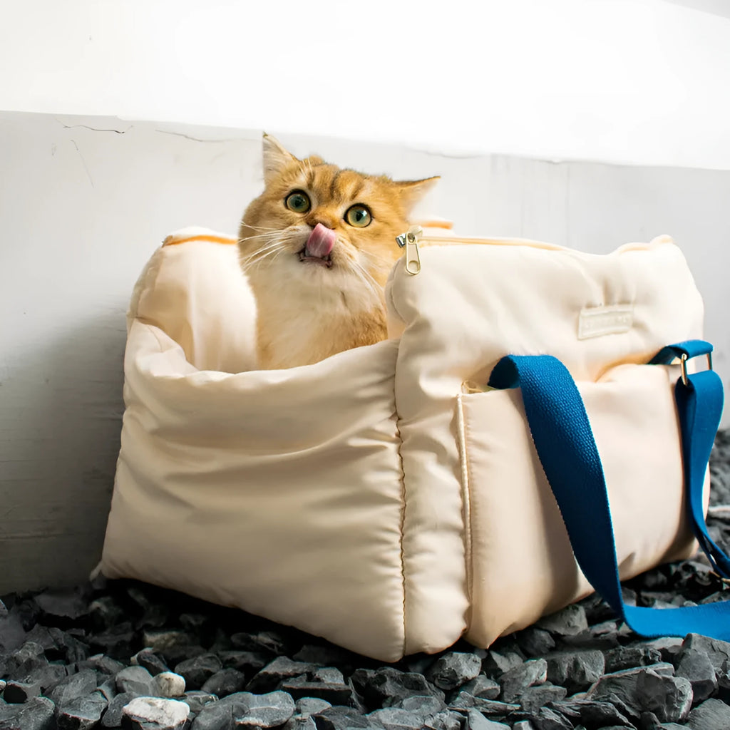 White portable cat bag made from peach skin velvet with cotton belt, size 45x35x26.5 cm, for cats up to 12 kg