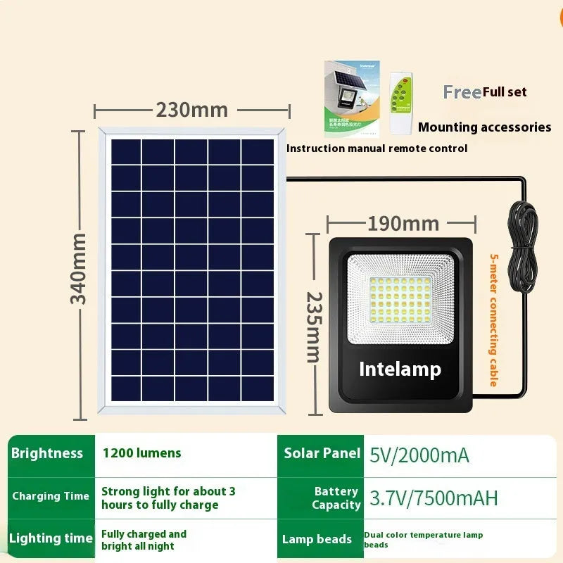 Outdoor solar courtyard light with IP65 waterproof rating showing solar panel and LED illumination