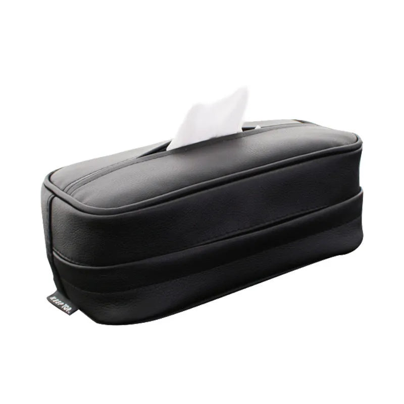 Black PU leather car hanging storage box with zipper and hook, shown next to a measuring tape indicating 23cm length.