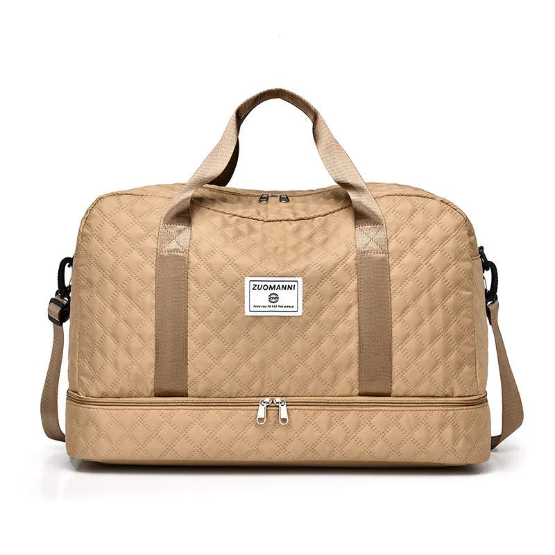 Large Oxford cloth leisure travel bag in a solid colour with a 36-55L capacity and breathable lining.