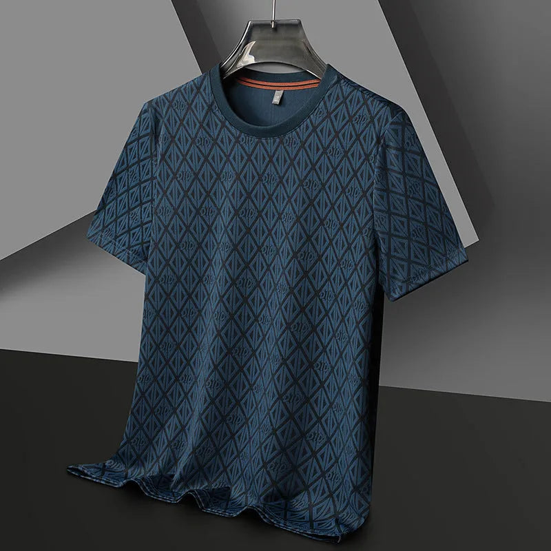 Men's round neck jacquard short sleeve casual shirt in polyester ice silk fabric