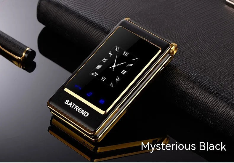 Dual screen flip phone showing internal touch screen and external display in black colour