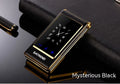 Dual screen flip phone showing internal touch screen and external display in black colour
