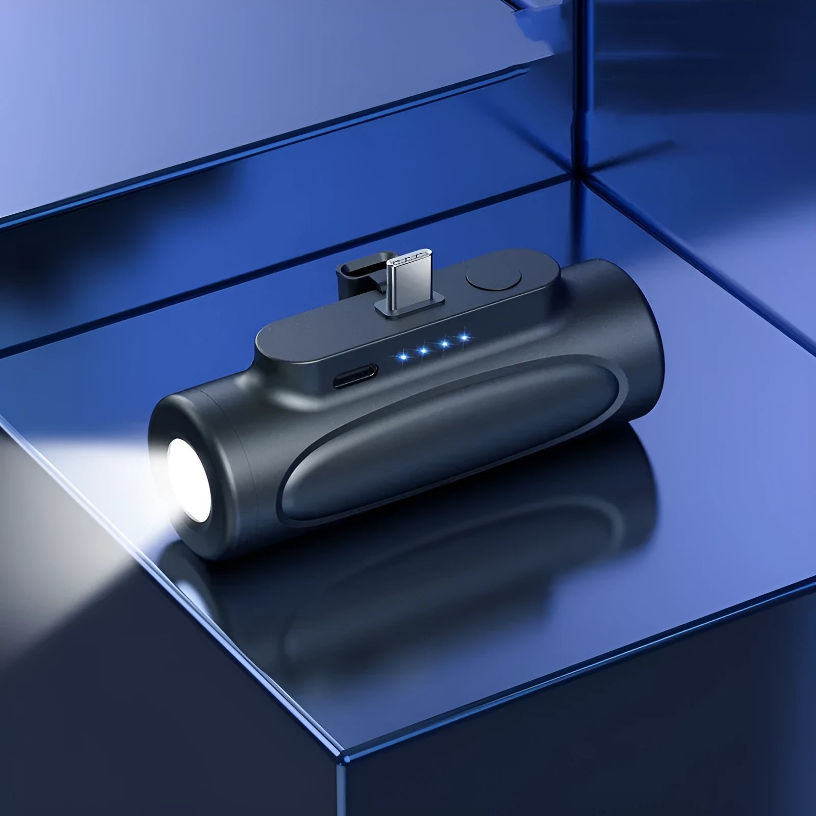 Black Glare power bank with integrated LED flashlight showing USB-C port and compact size.
