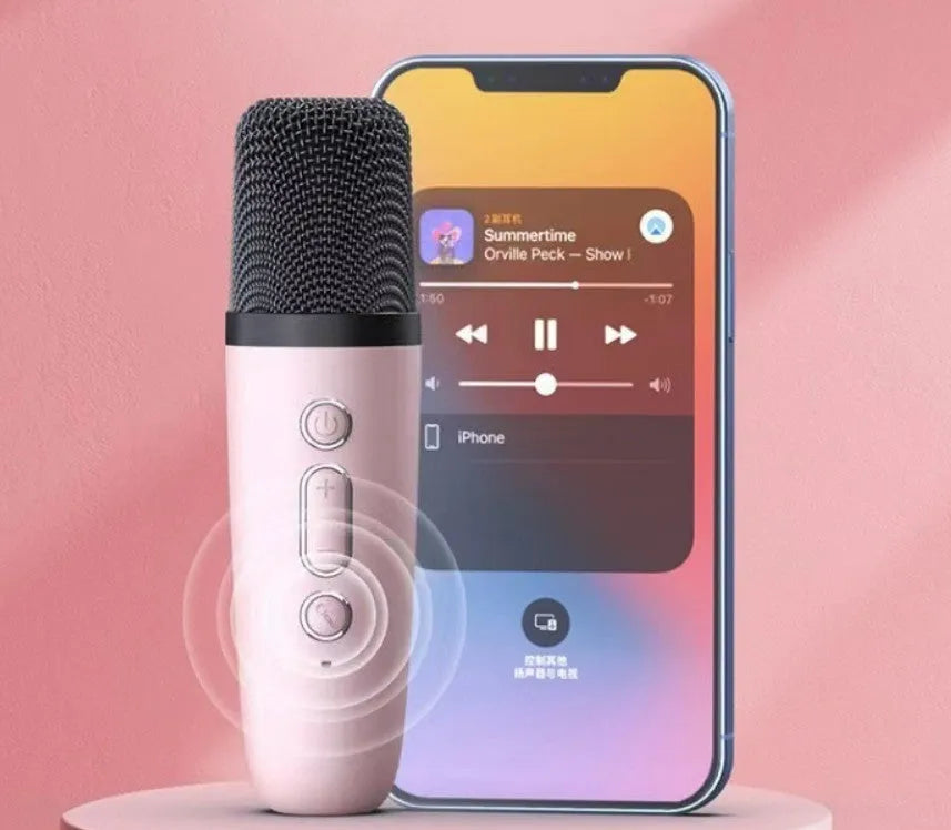 Portable Bluetooth microphone speaker with coloured LED lights in white, pink, or sky blue colour options