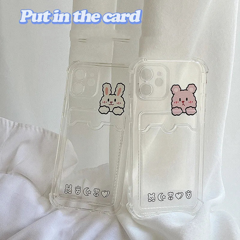 Clear cartoon design iPhone case with card slot on back for iPhone 13 and other models