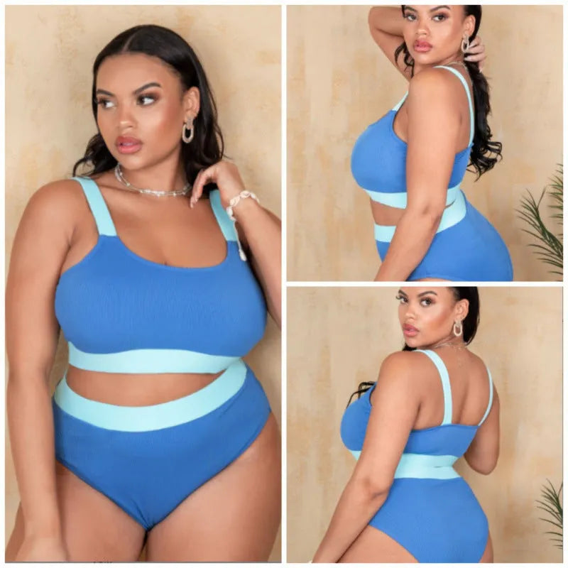 Women's solid colour polyester bikini swimsuit with high waist briefs and stitching detail