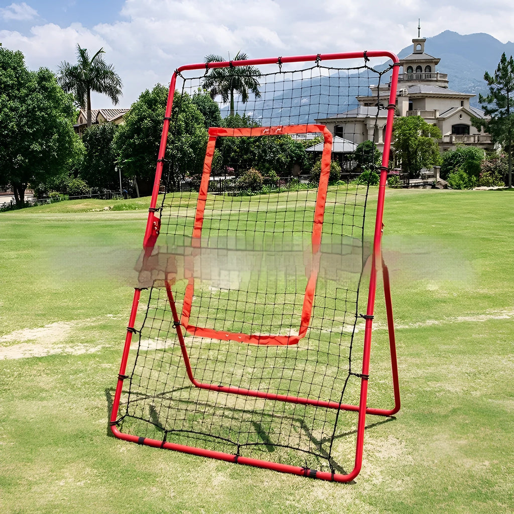 Red 4x6FT portable baseball training net with adjustable metal frame for backyard sports practice