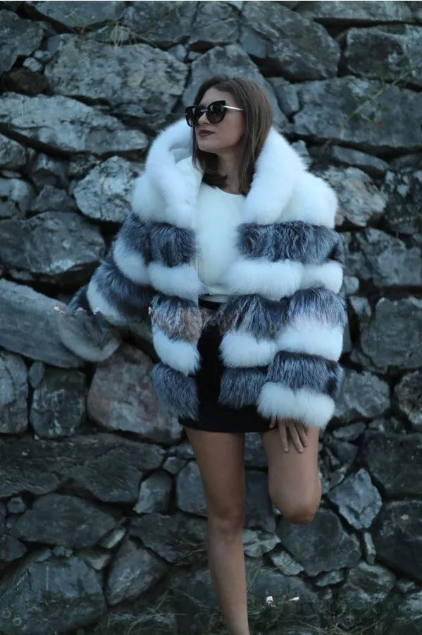 Women's loose artificial fur hooded coat in brown and white silver fox colours, medium length 65cm street fashion outerwear
