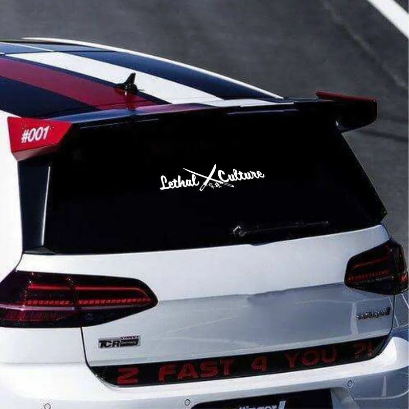 Car rear windshield vinyl family sticker decal with text, in yellow and silvery white colour options.