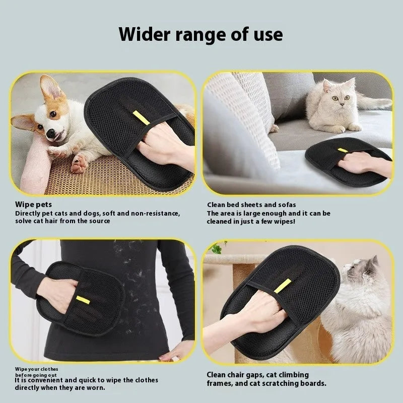 Black pet hair removal glove with silicone bristles for dog and cat grooming measuring 24 by 16 cm