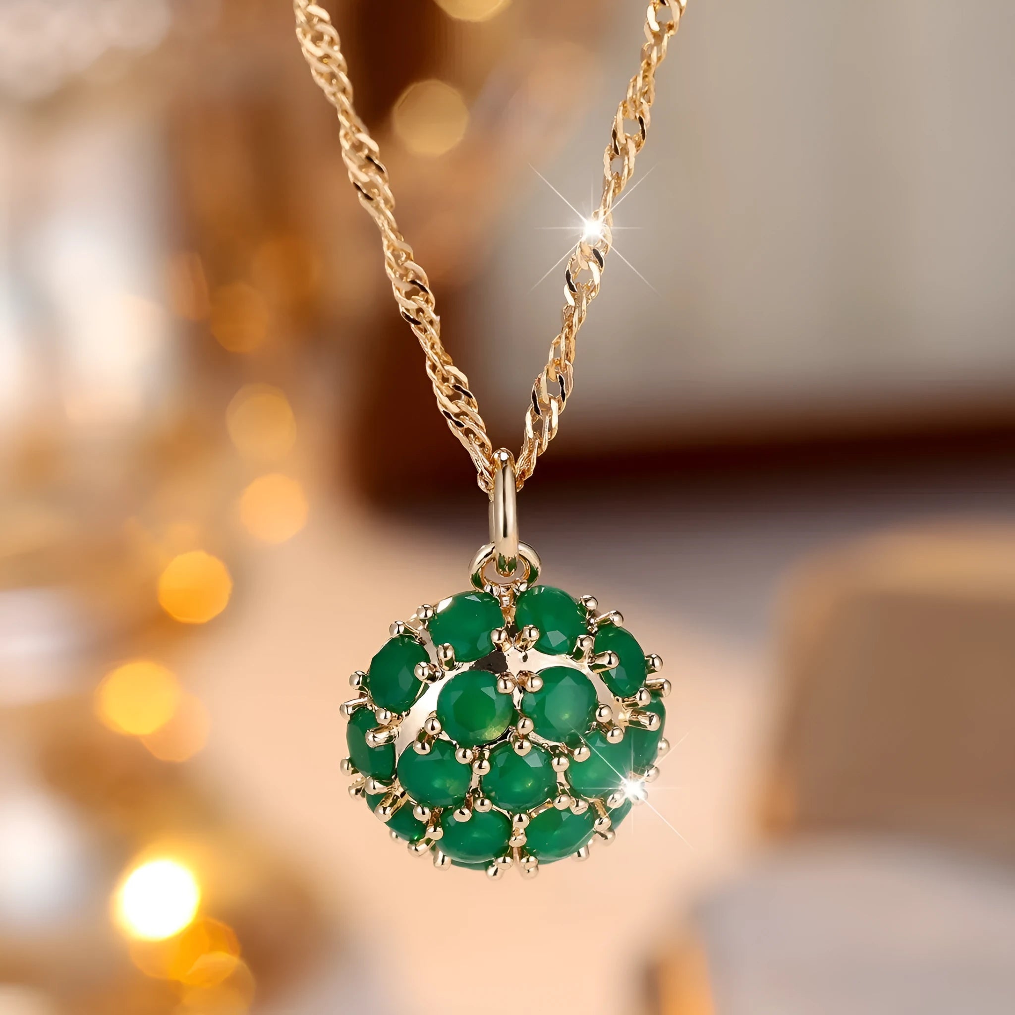 Round geometric emerald diamond women's necklace with adjustable chain in champagne gold colour