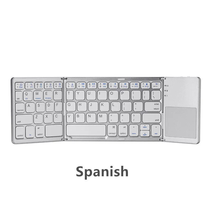 Tri-fold folding Bluetooth keyboard shown both folded and unfolded with integrated touchpad