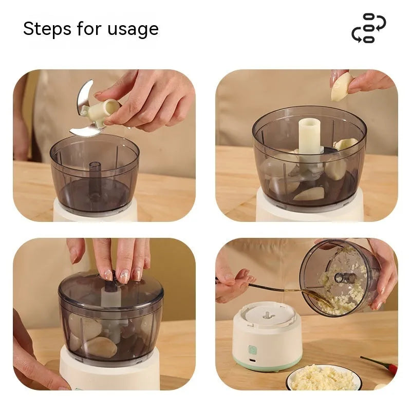 White mini electric meat grinder with transparent cup on kitchen countertop
