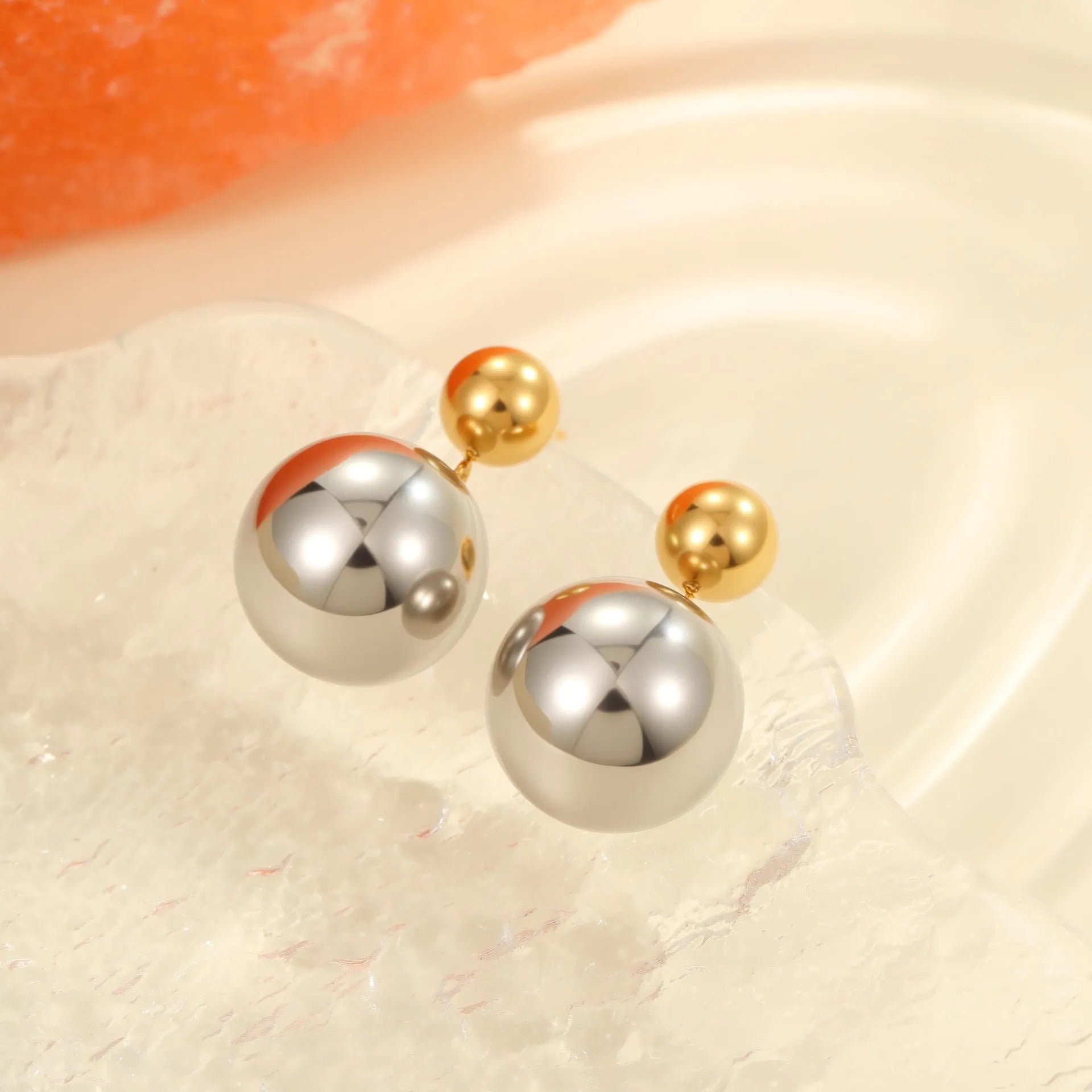 Round beads stainless steel geometric colour-block ear studs with 18K gold electroplated finish