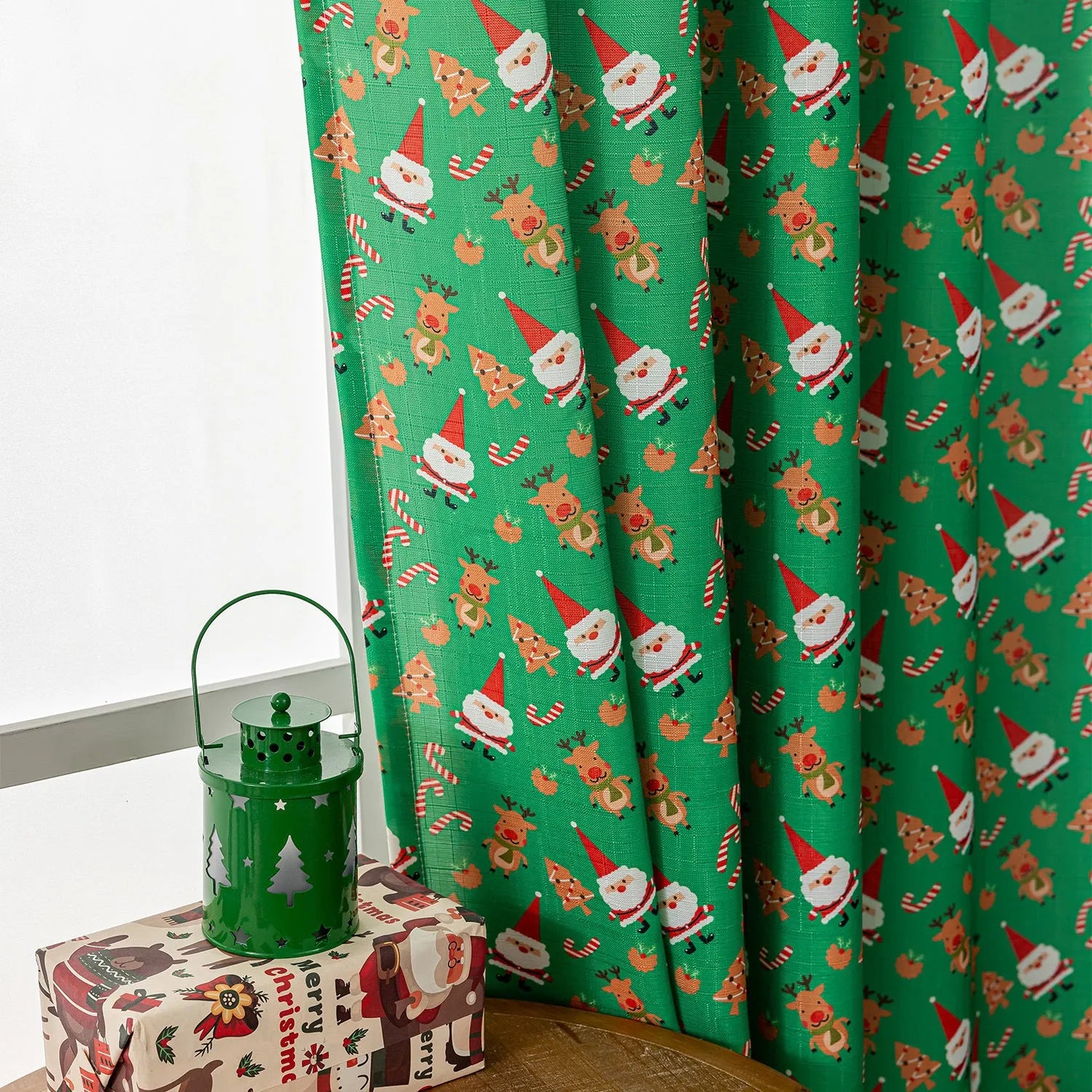 Christmas curtain with snowman and angel cartoon print in green or red colour