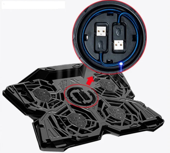 Blue laptop cooling base with four LED fans and two USB ports for temperature control