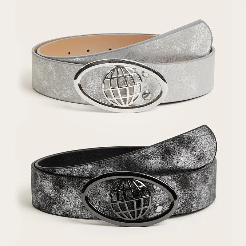 Retro women's belt with oval alloy buckle on thick grey white PU leather strap