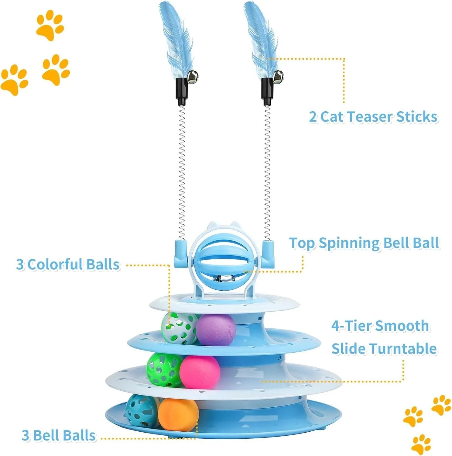 Blue 4-tier interactive cat puzzle toy with balls and teasing rods