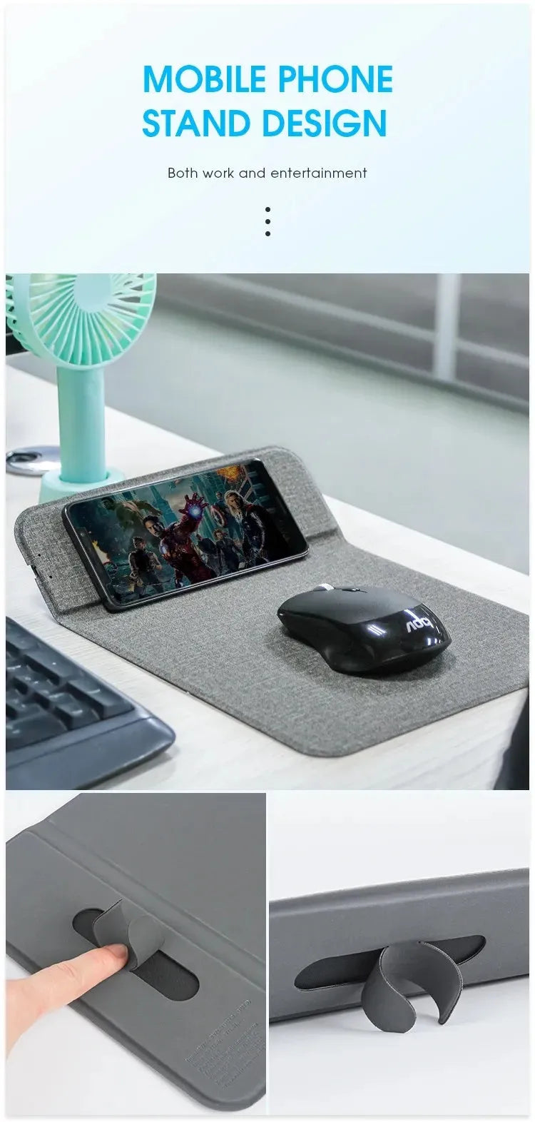 Foldable fabric phone holder with wireless charging capability showing 10W fast charging support