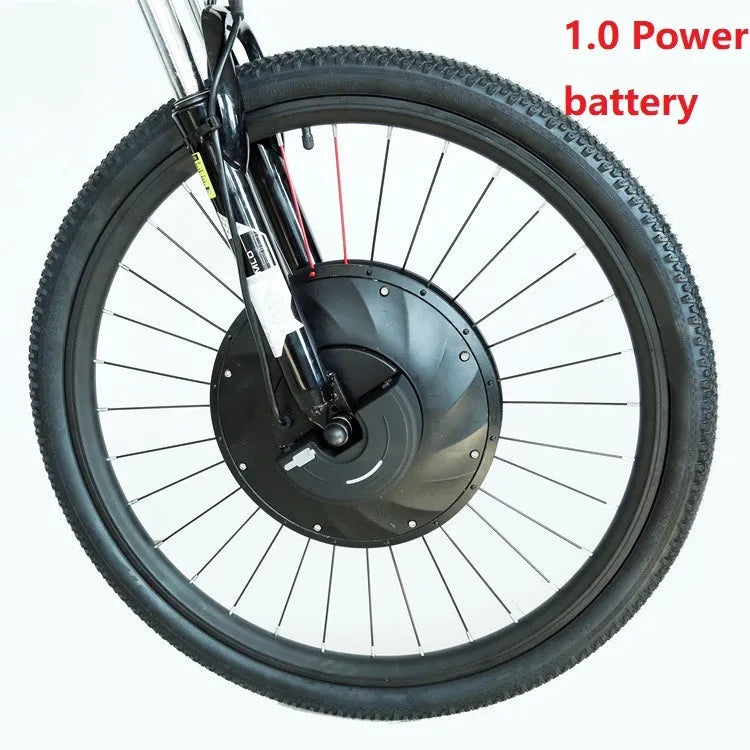 Yunzhilun 26 inch bicycle electric conversion kit showing hub motor wheel, lithium battery pack, and charger