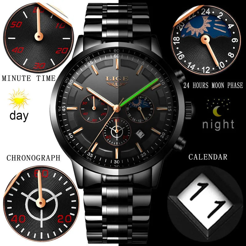 Men's waterproof quartz watch with moon phase display in black and rose gold colour option