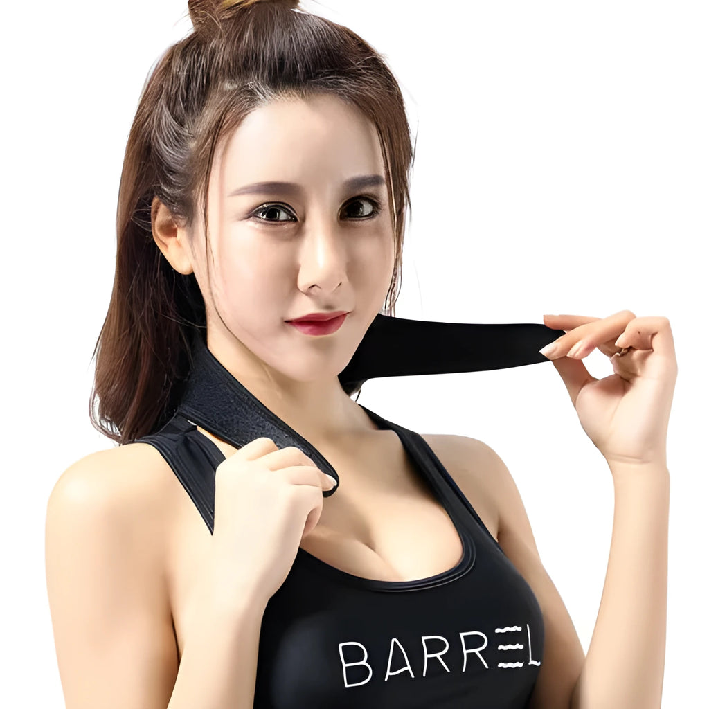 Black magnetic therapy neck guard with adjustable straps for neck pain relief.