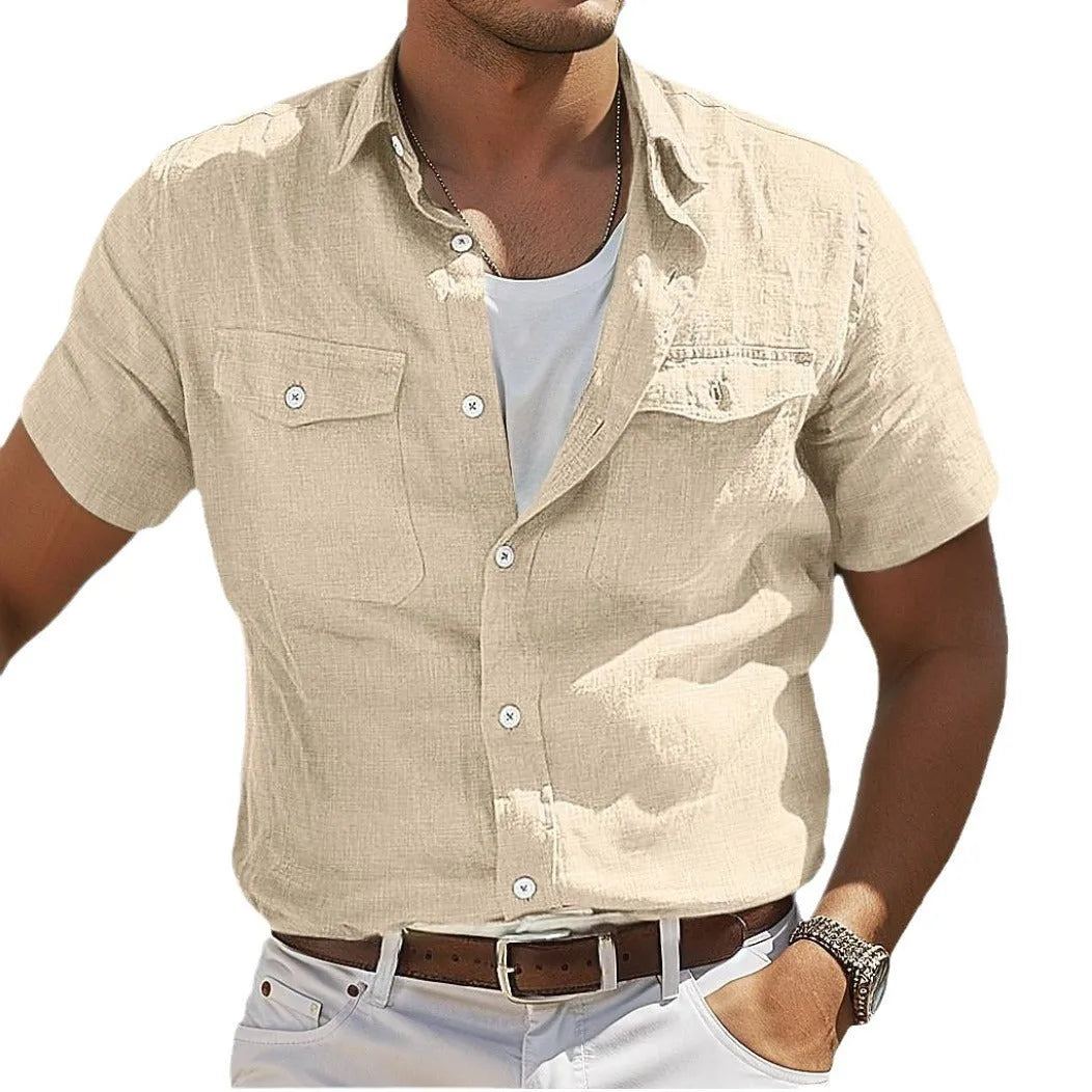 Men's cotton summer shirt with polo collar in solid colours including grey, green, and blue