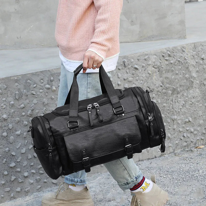 Large black travel shoe bag with water-resistant PU fabric measuring 52cm wide