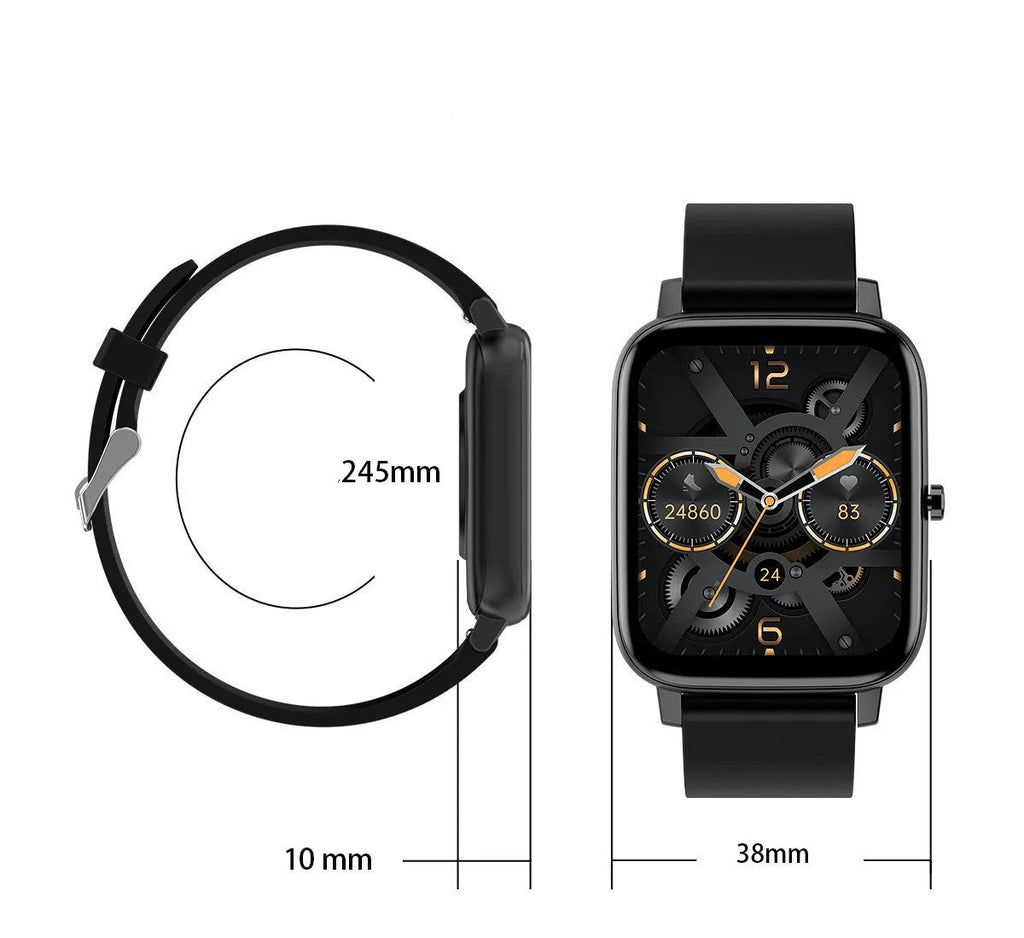 H80 smart watch with black silicone strap and 1.69-inch screen showing health metrics.