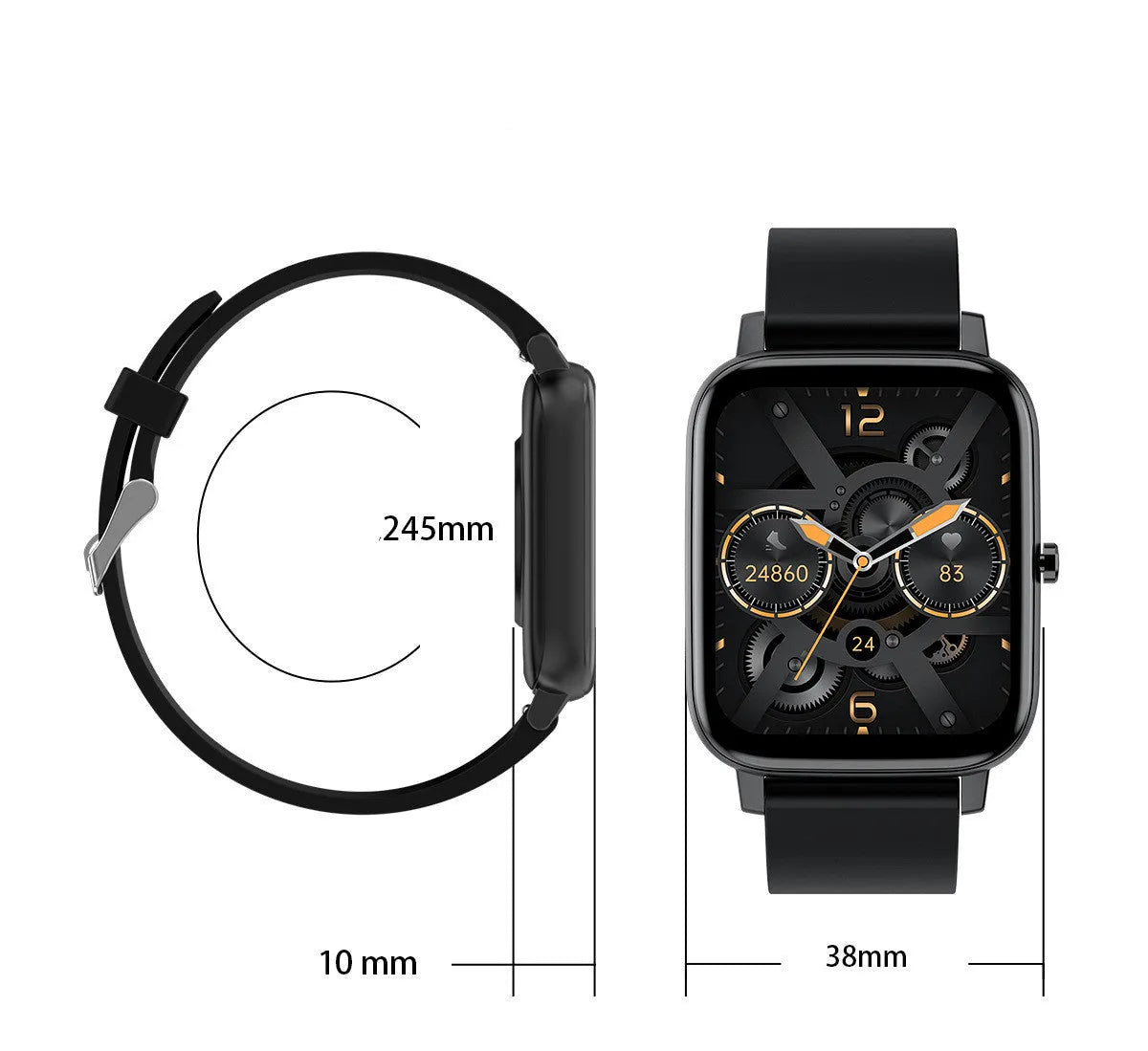 H80 smart watch with black silicone strap and 1.69-inch screen showing health metrics.