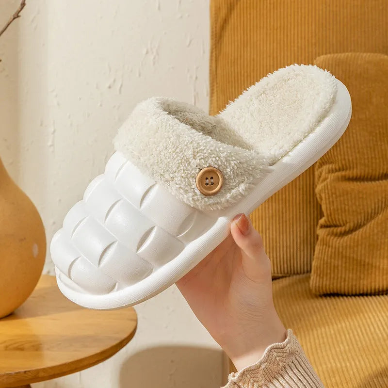 Plaid detachable EVA house slippers with plush lining, shown in pink for women.