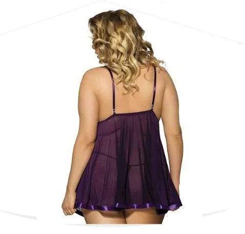 Women's purple lace mesh sleepdress on a hanger, showing seamless construction and sling dress style.