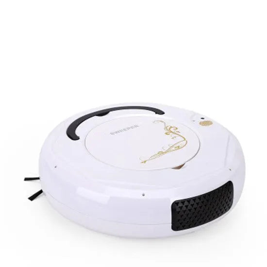 Smart floor sweeping robot vacuum cleaner in black, blue, or white colours on a hard floor surface.