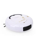 Smart floor sweeping robot vacuum cleaner in black, blue, or white colours on a hard floor surface.