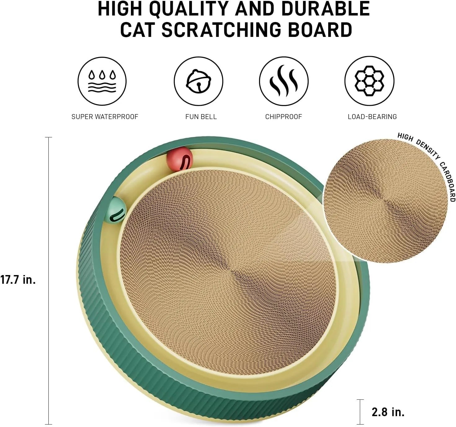 Large circular green cardboard cat scratching board with a central track containing two yellow balls and a spring-mounted plush ball.