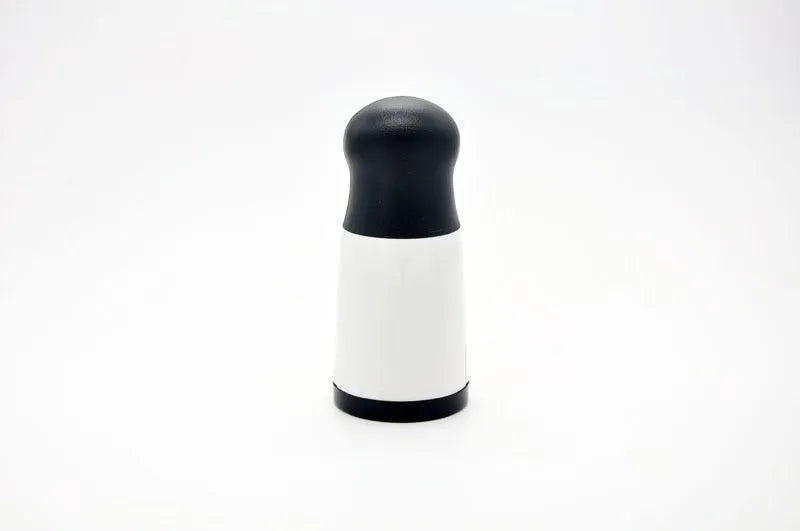 Stainless steel rotary cheese grater with black and white finish, height 17cm, diameter 7.3cm, with two blades