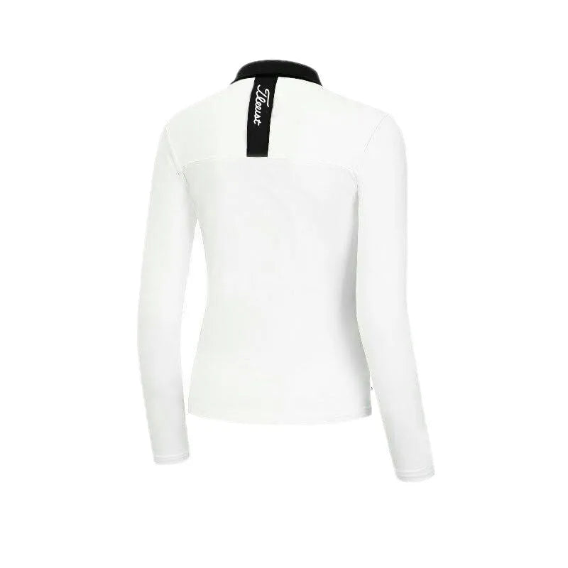 Women's white polyester long sleeve golf top with slim sports cut for outdoor activities