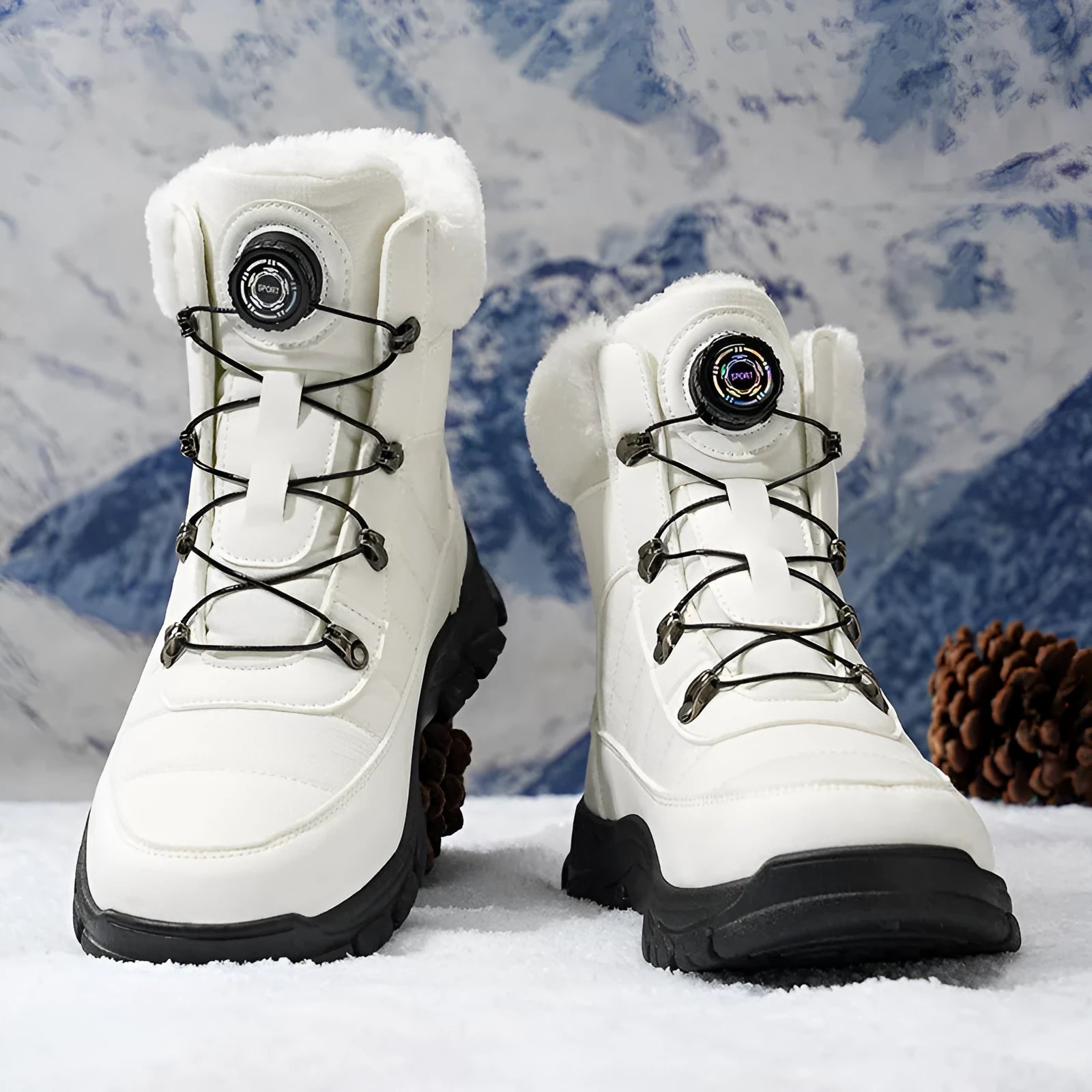 Men's fleece-lined warm snow boots in black with artificial PU upper and round toe design