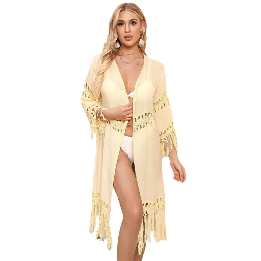 Hand crocheted yellow acrylic beach cover-up cardigan with tassels, loose fit for women.