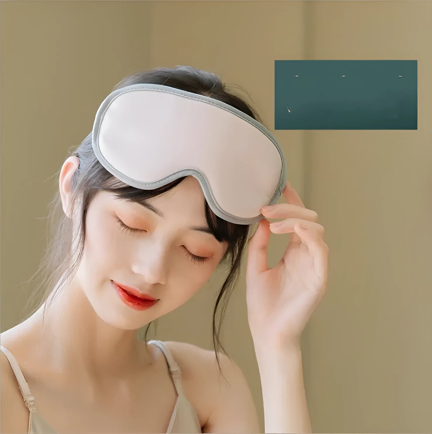 Portable Eye SPA Mask with suede shell in pink or green, showing USB port and dimensions of 93mm by 200mm.