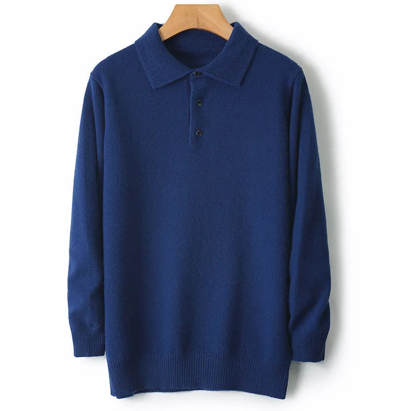Men's woollen polo collar sweater pullover with long sleeves in multiple colour options