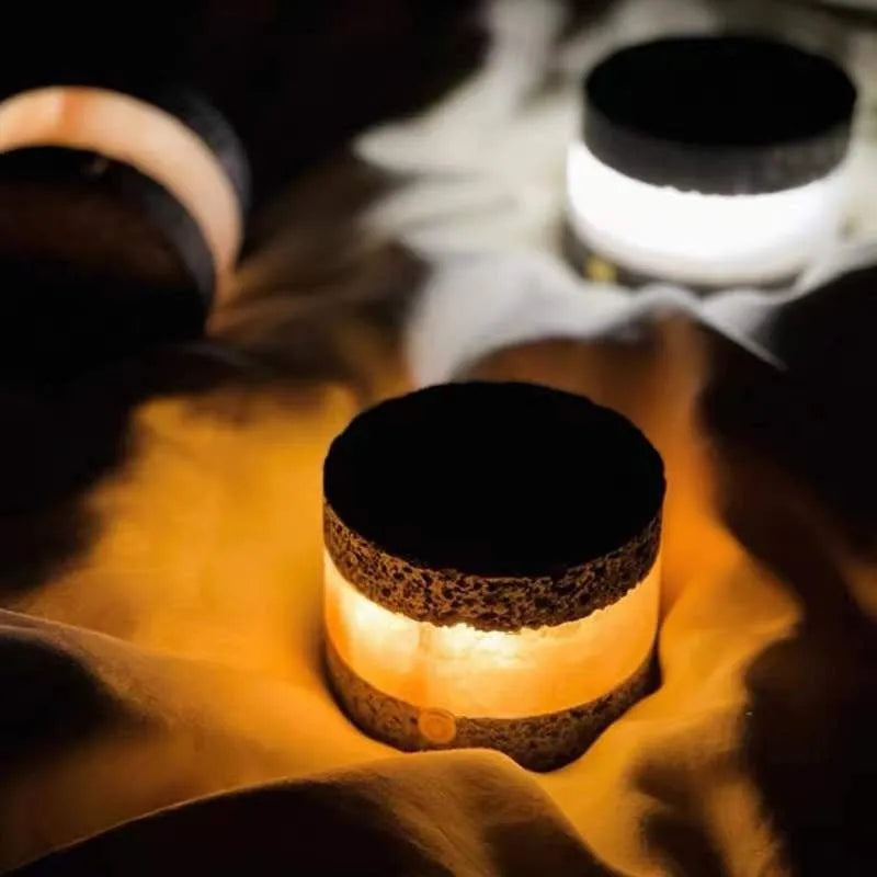 Orange volcanic rock USB night lamp with touch dimming and essential oil well, measuring 9cm by 7.5cm.